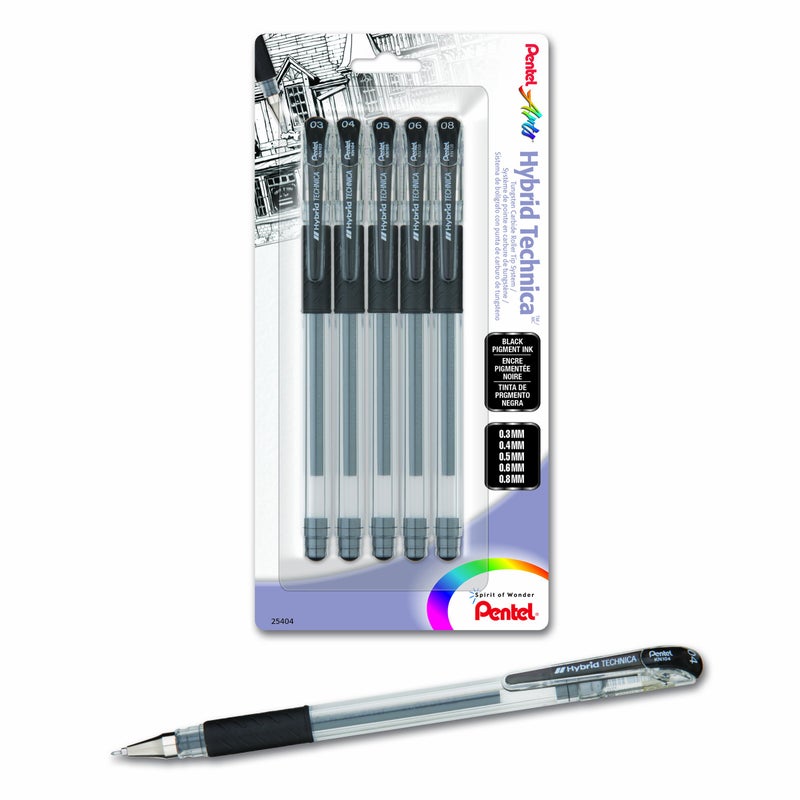 Pentel Arts Hybrid Technica Gel Pen with Assorted Tip Sizes, Black Ink, Pack of 5 (KN10BP5A) - Image 1